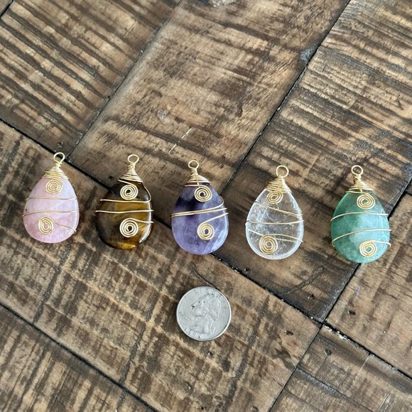 Natural Gemstone Wire Wrapped Teardrop Pendants - Crystals - Tigers Eye - Aventu - Picture 3 of 9